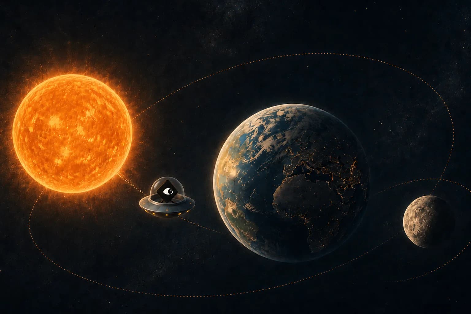 La mascota de Raziel viaja en una pequeña nave entre un sol, la Tierra y una luna conectados por órbitas.
