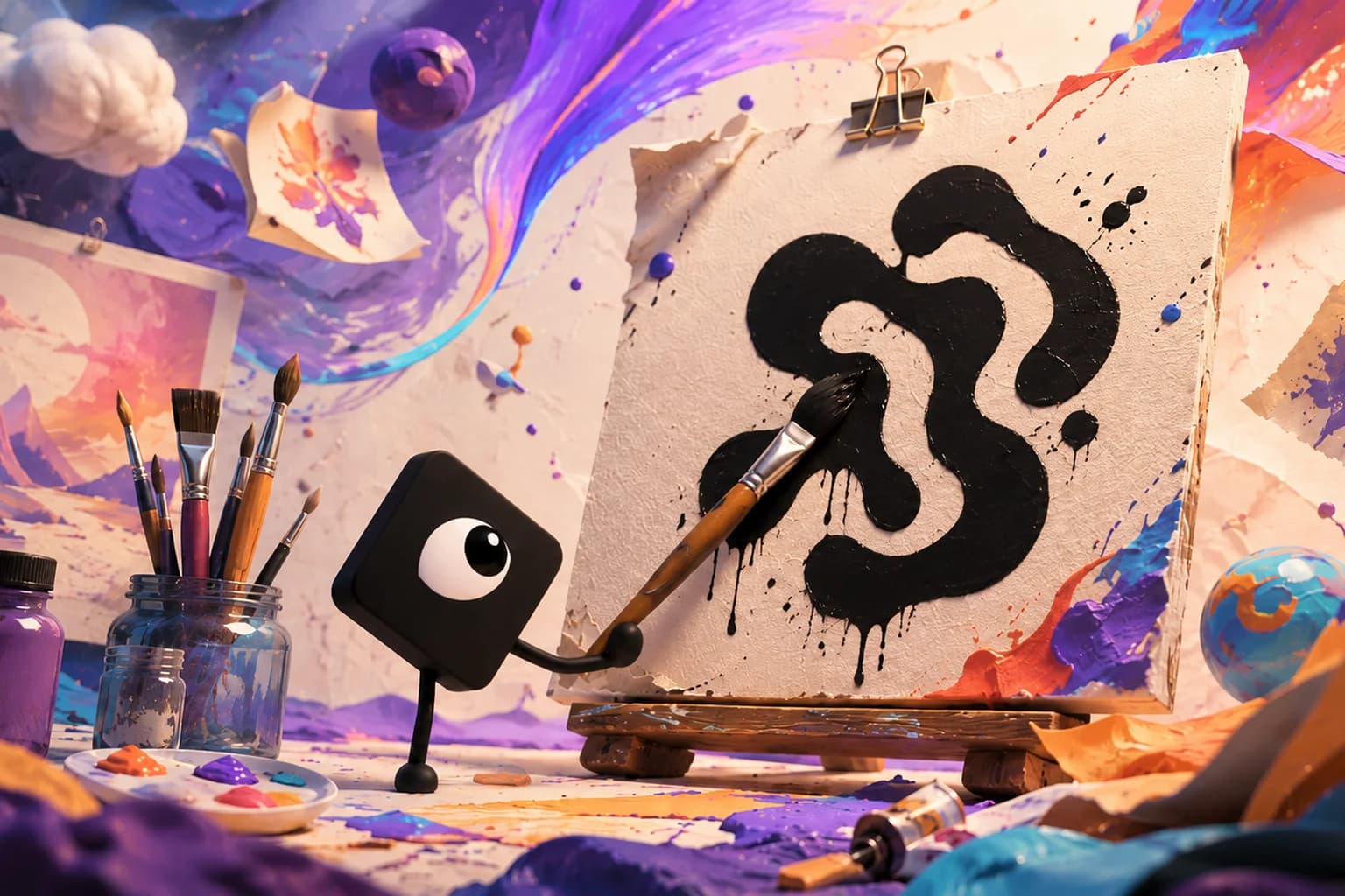 La mascota de Raziel pinta una composición abstracta en un taller lleno de pinceles, color y referencias visuales.