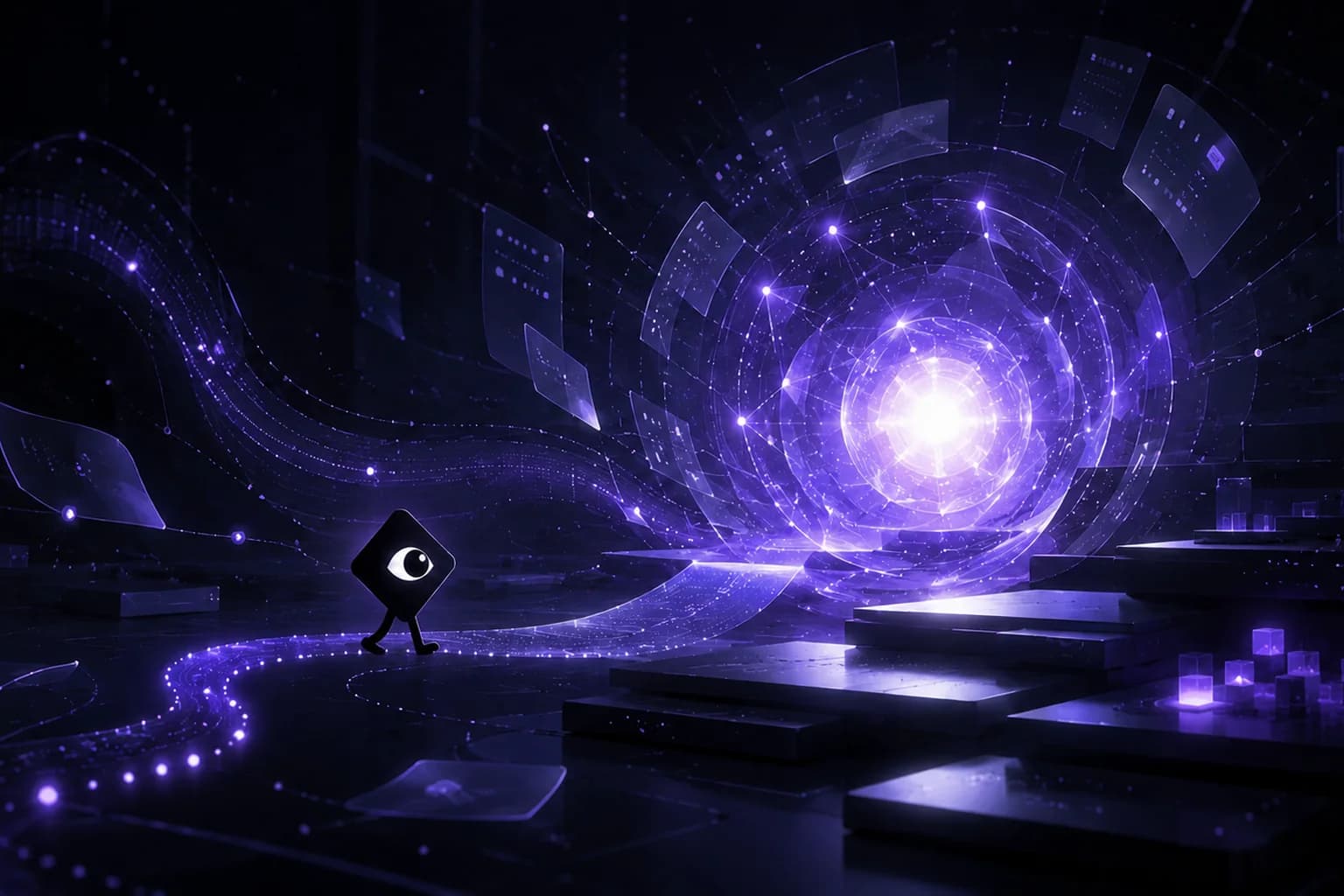 La mascota de Raziel avanza hacia un núcleo violeta rodeado de flujos de datos y paneles conectados.