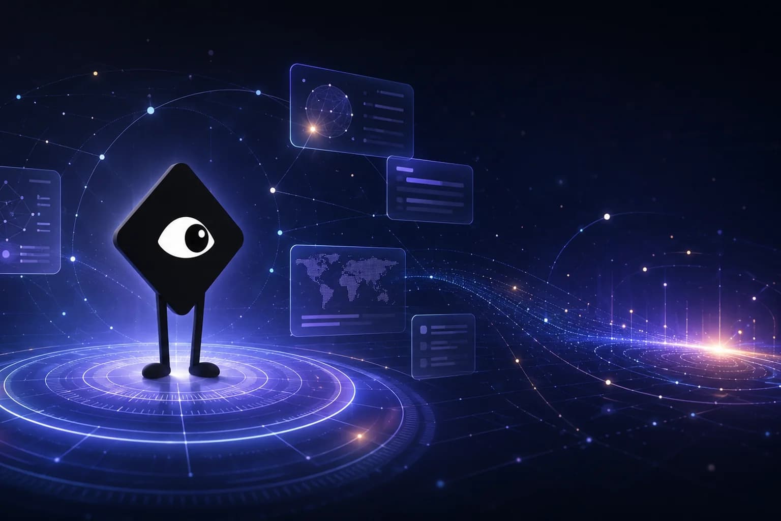 La mascota de Raziel rodeada de señales, datos y conexiones del Radar.